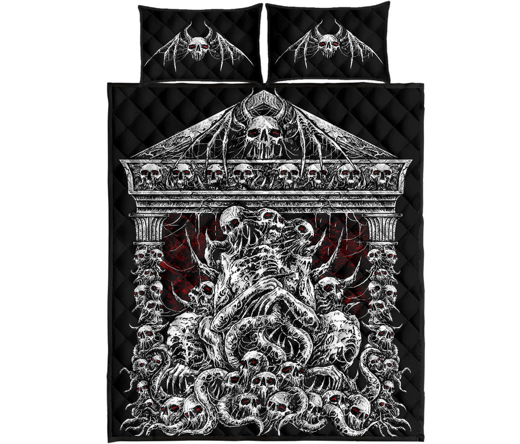 Skull Skeleton Bat Skull Death Shrine Quilt 3 Piece Set Red Background Version