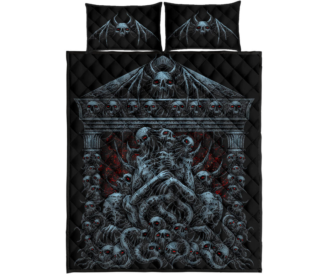 Skull Skeleton Gothic Satanic Bat Skull Death Shrine Quilt 3 Piece Set Color Version