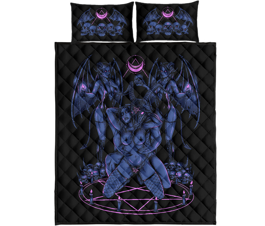 Skull Baphomet Erotic Revel In Freedom And Realize It Throne 3 Piece Quilt Set Sexy Blue Pink