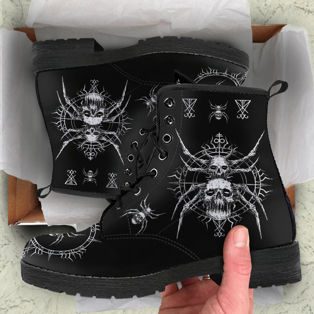 skull goth Satanic spider Leather Boots Black And White