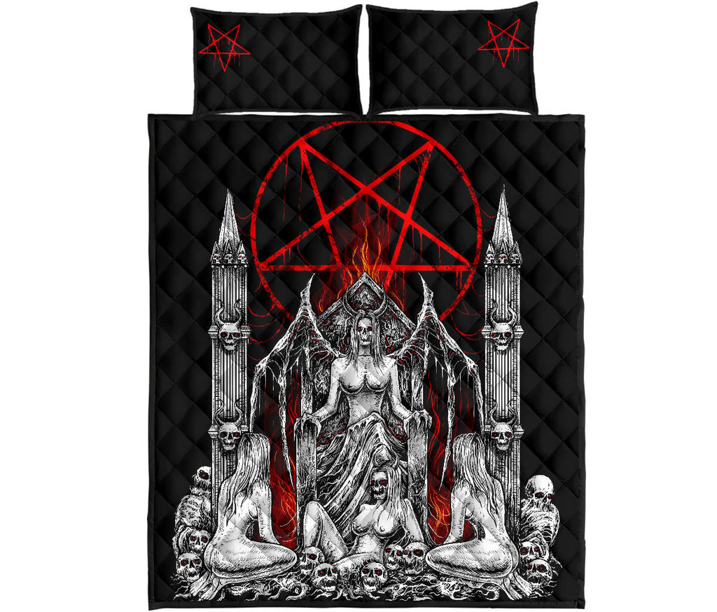 Skull Satanic Pentagram Lust Throne Quilt 3 Piece Set Black And White Red Flame