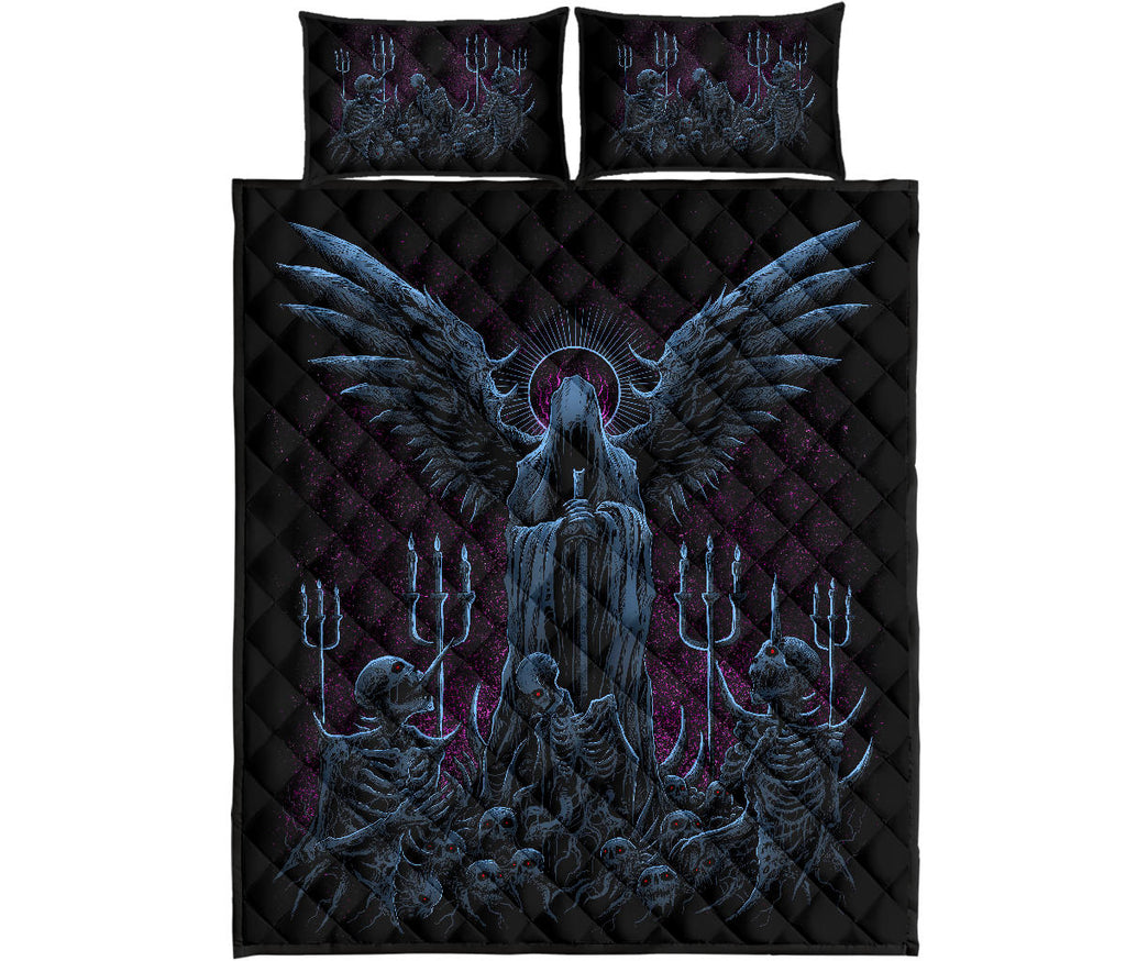 Skull Skeleton Gothic Hooded Wing Demon Sword 3 Piece Quilt Set Awesome Night Blue Pink