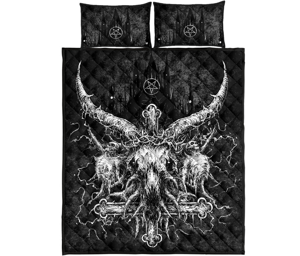 Skull Crowned Satanic Goat Satanic Cross Satanic Pentagram Night Church White Version Quilt 3 Piece Set