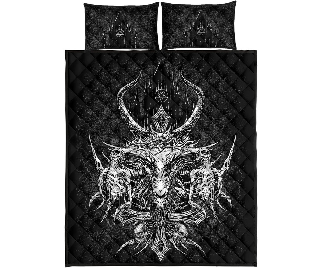 Skull Satanic Crowned Goat Satanic Cross Satanic Pentagram Night Church 3 Piece Quilt Part 2 Black And  White Version