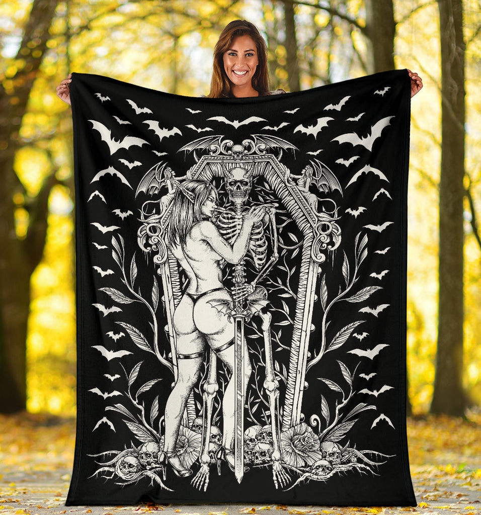 Bat Skull Bat Wing Erotic Demonic Skeleton Coffin Shrine Blanket Black And White