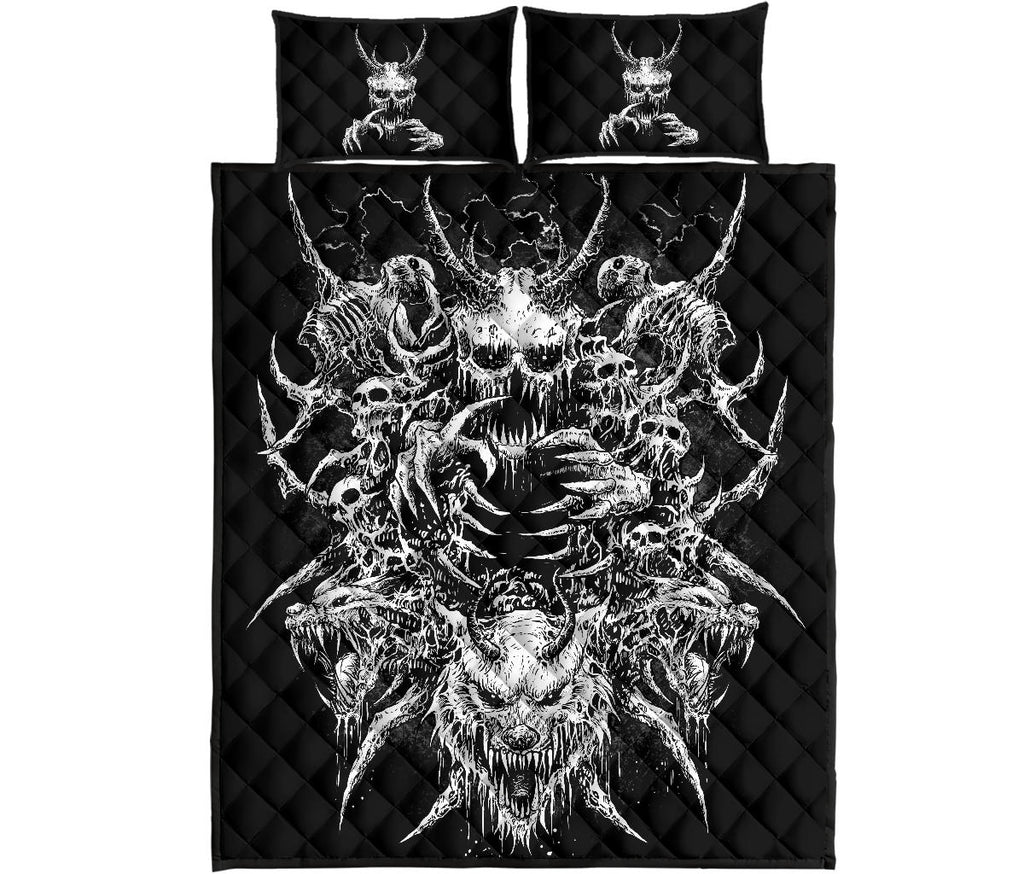 Skull Demon Wolf Quilt 3 Piece Bed Set Black And White Version