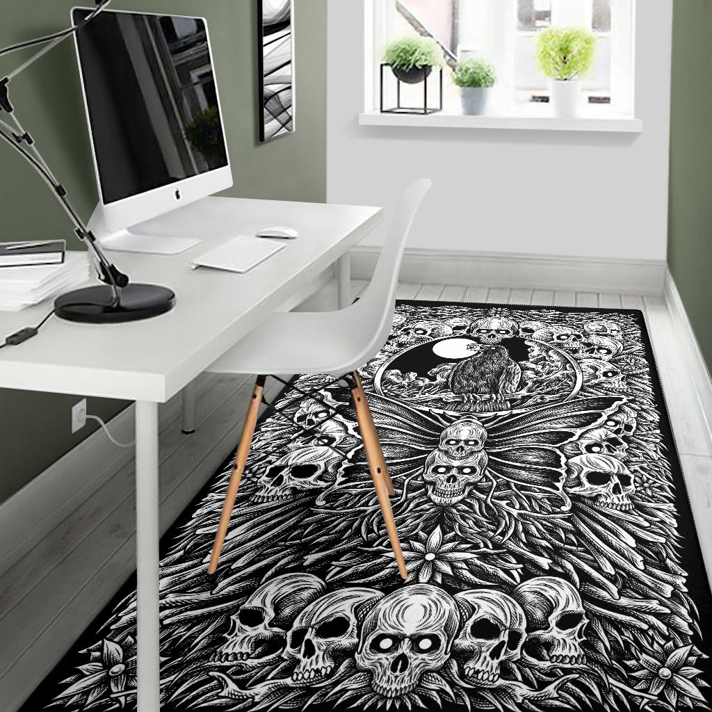 Skull Occult Crow Moth Area Rug Black And White Version