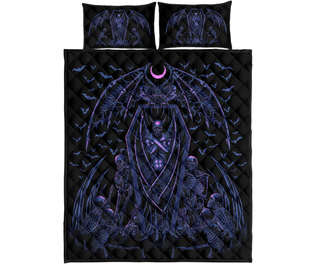 Skull Skeleton Chain Wicked Bat Shroud 3 Piece Quilt Set Night Blue Pink