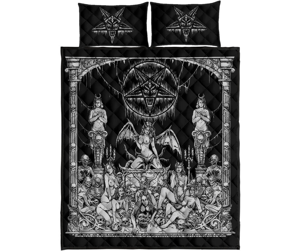 Satanic Pentagram Skull Sexy Winged Demon Welcome To Hell's Pearly Pleasure Gates 3 Piece Quilt Set