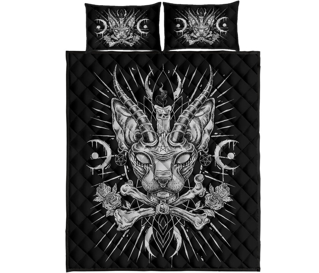 Skull Gothic Occult Black Cat Unique Sphinx Style Part 2-3 Piece Quilt Set Black And White Awesome Demonic White Eye