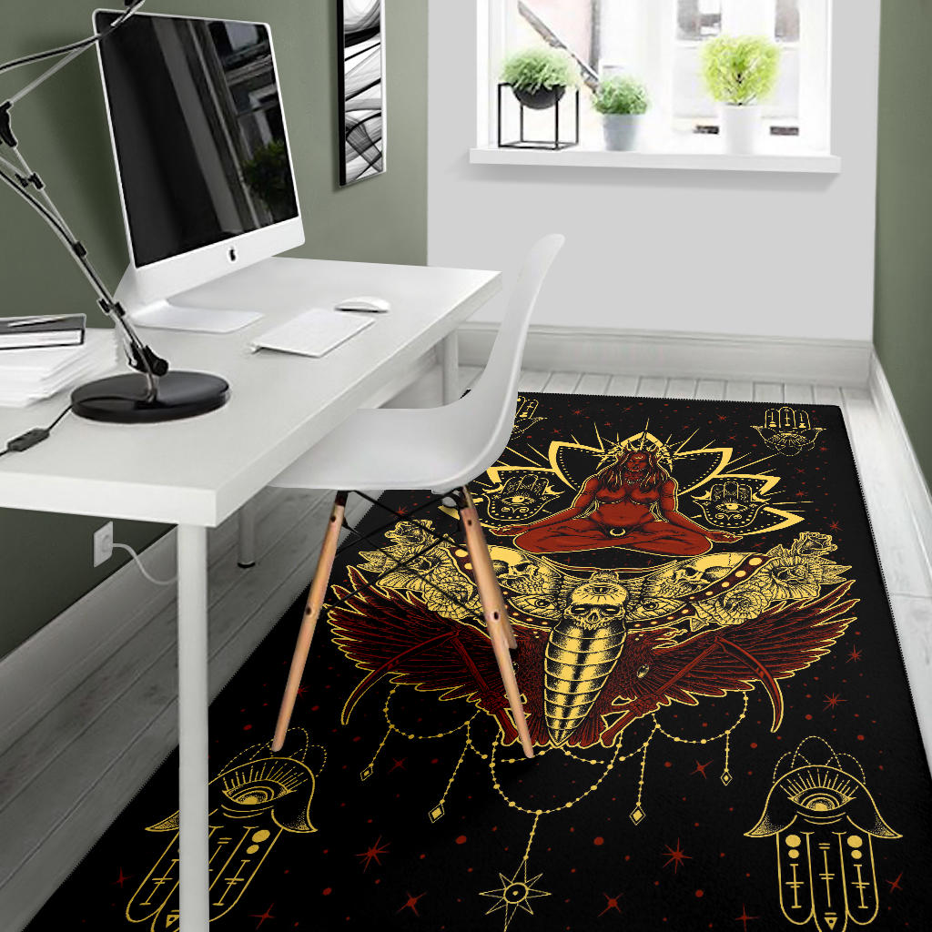 Skull Occult Cyclops Moth Crow Sword Area Rug Red And Yellow