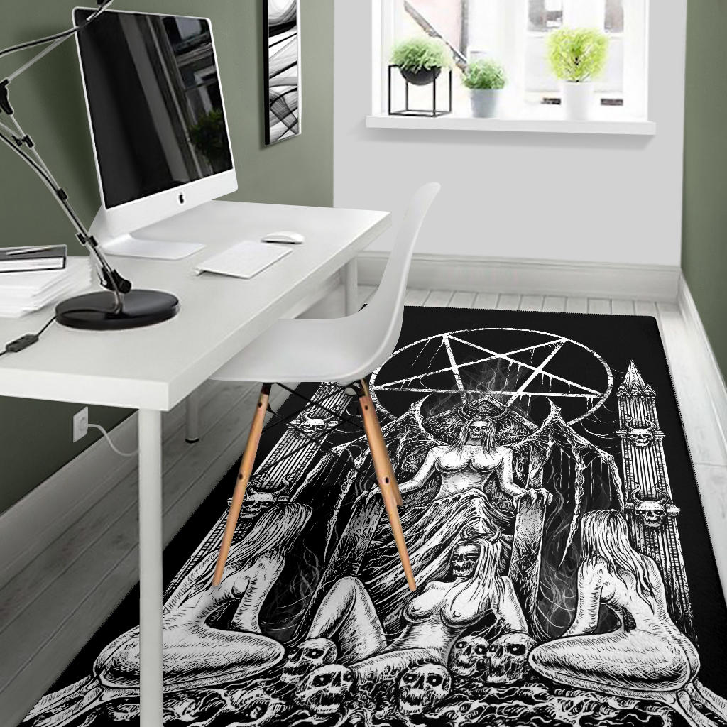 Skull Satanic Pentagram Lust Throne Area Rug Black And White Smoke Flame