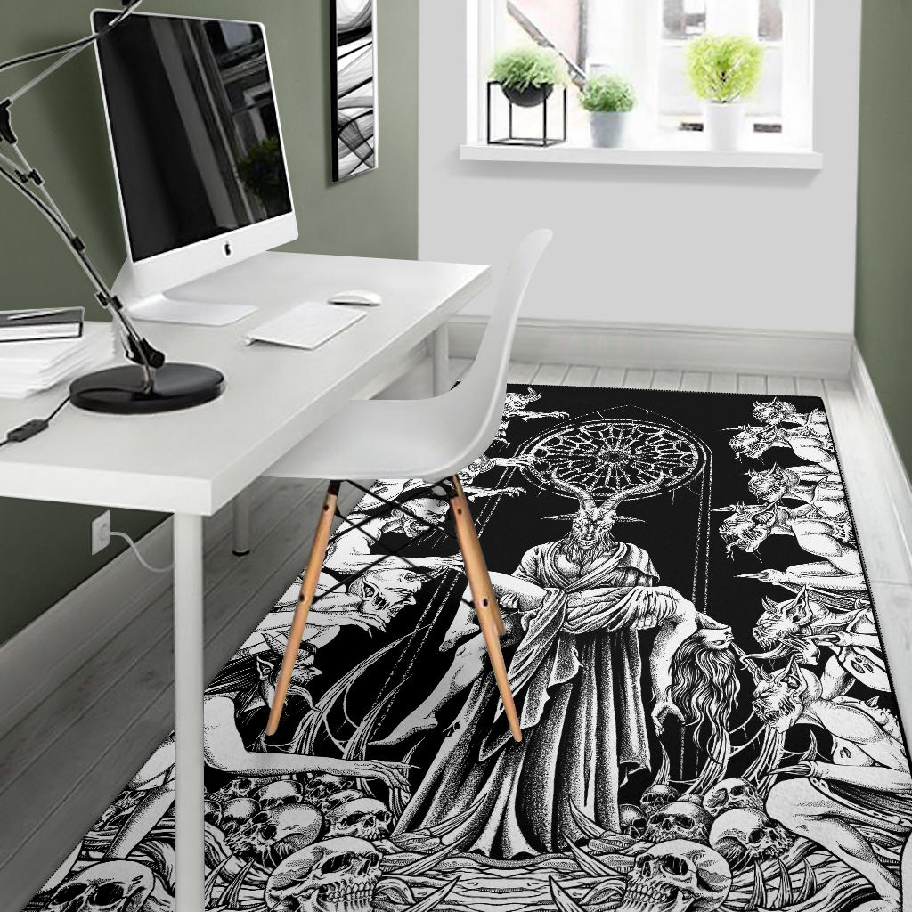 Skull Baphomet Goat Demon Frenzy Area Rug Black And White – blended extreme