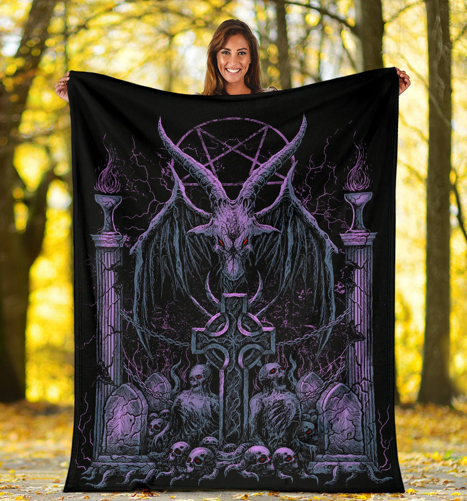 Skull Satanic Pentagram Baphomet Demon Bat Wing Goat Grave Shrine Blanket Night Blue Purple Pink Tint