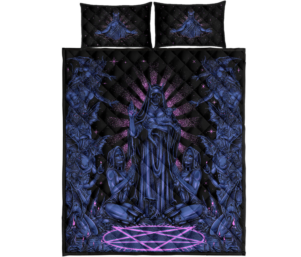 Satanic Pentagram Palm Nun Inverted Cross Forehead Pillows Demon Bombardment 3 piece Quilt Set Awesome Night Blue Pink