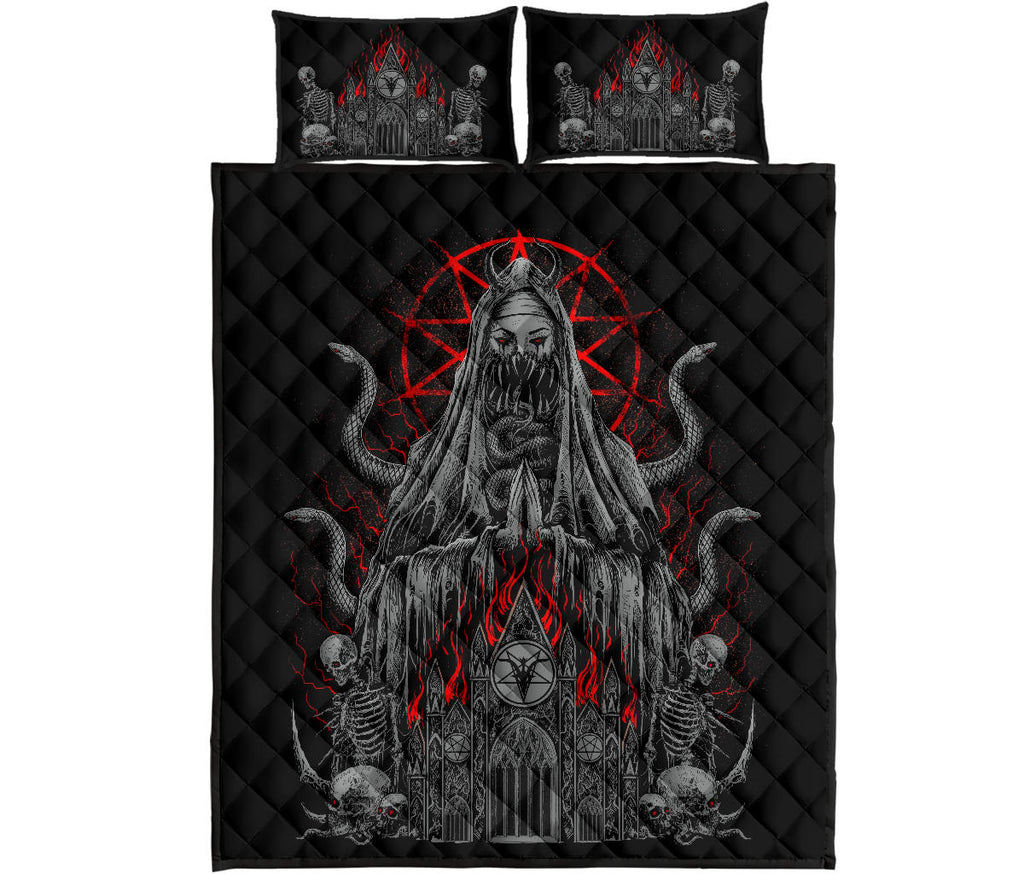 Skull Demon Virgin Serpent Satanic Pentagram Flame Church Quilt 3 Piece Set Silver And Red