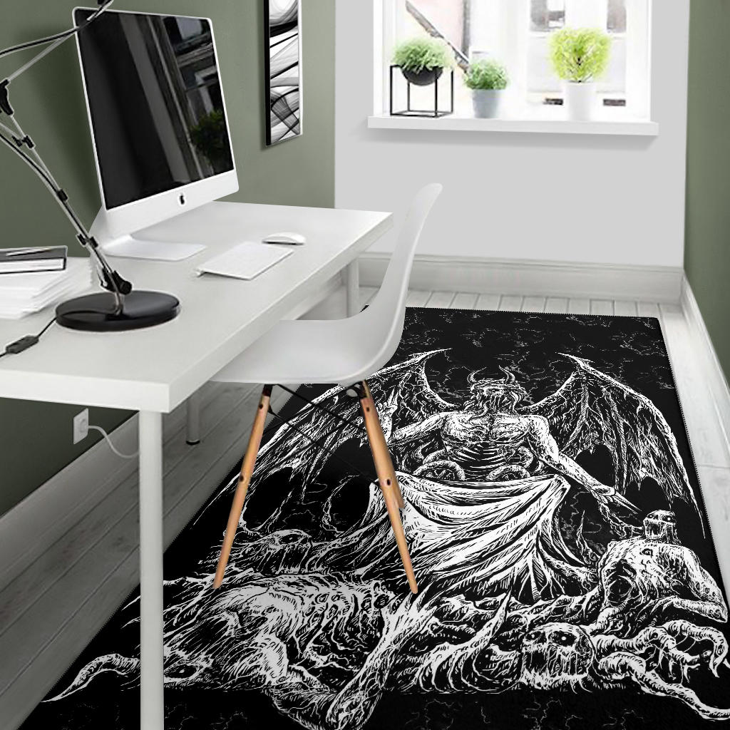 Skull Skeleton Satanic Bat Wing Demon God Area Rug Black And White