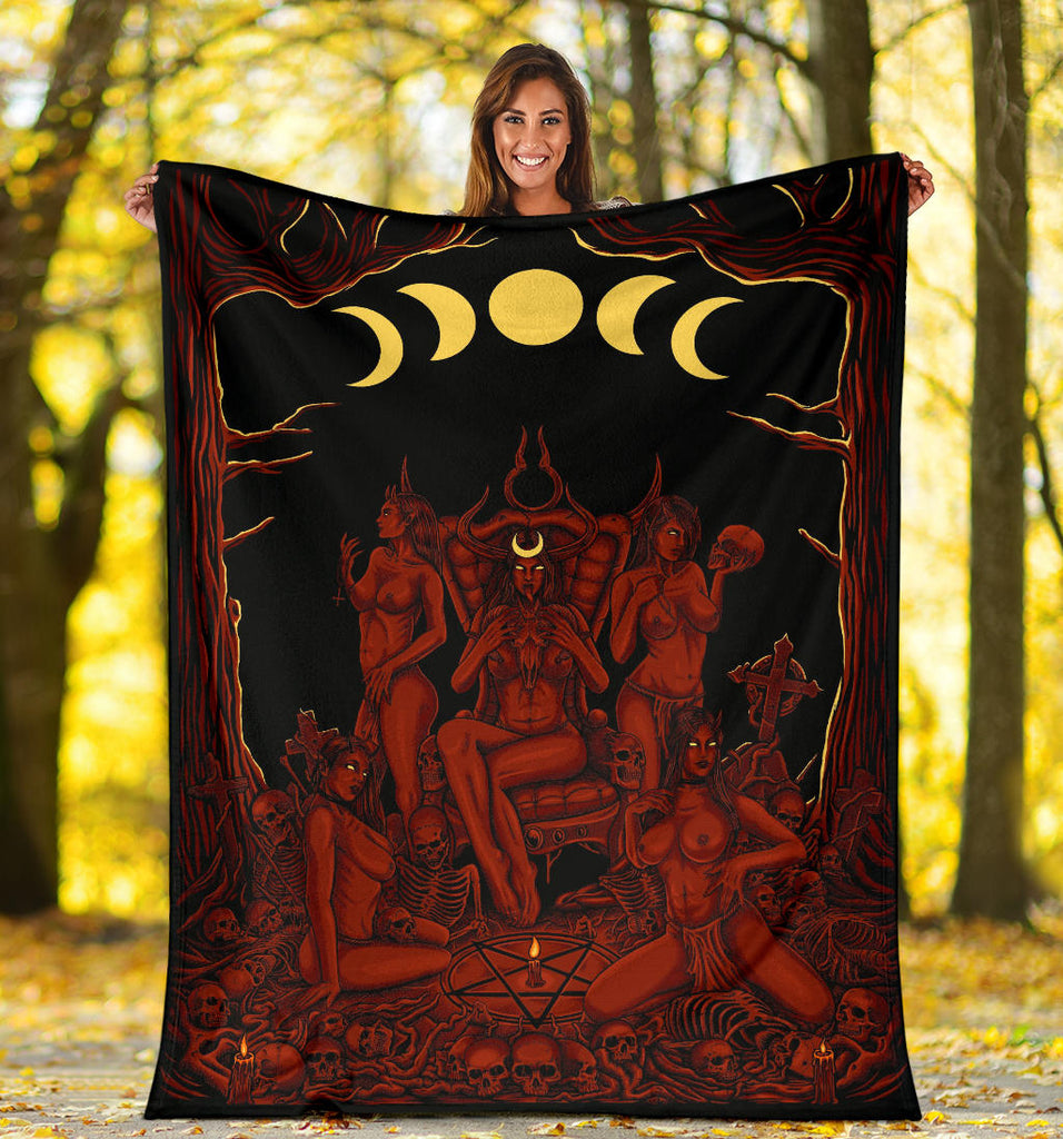 Skull Demon Satanic Pentagram Sexy Witch Throne Blanket Red