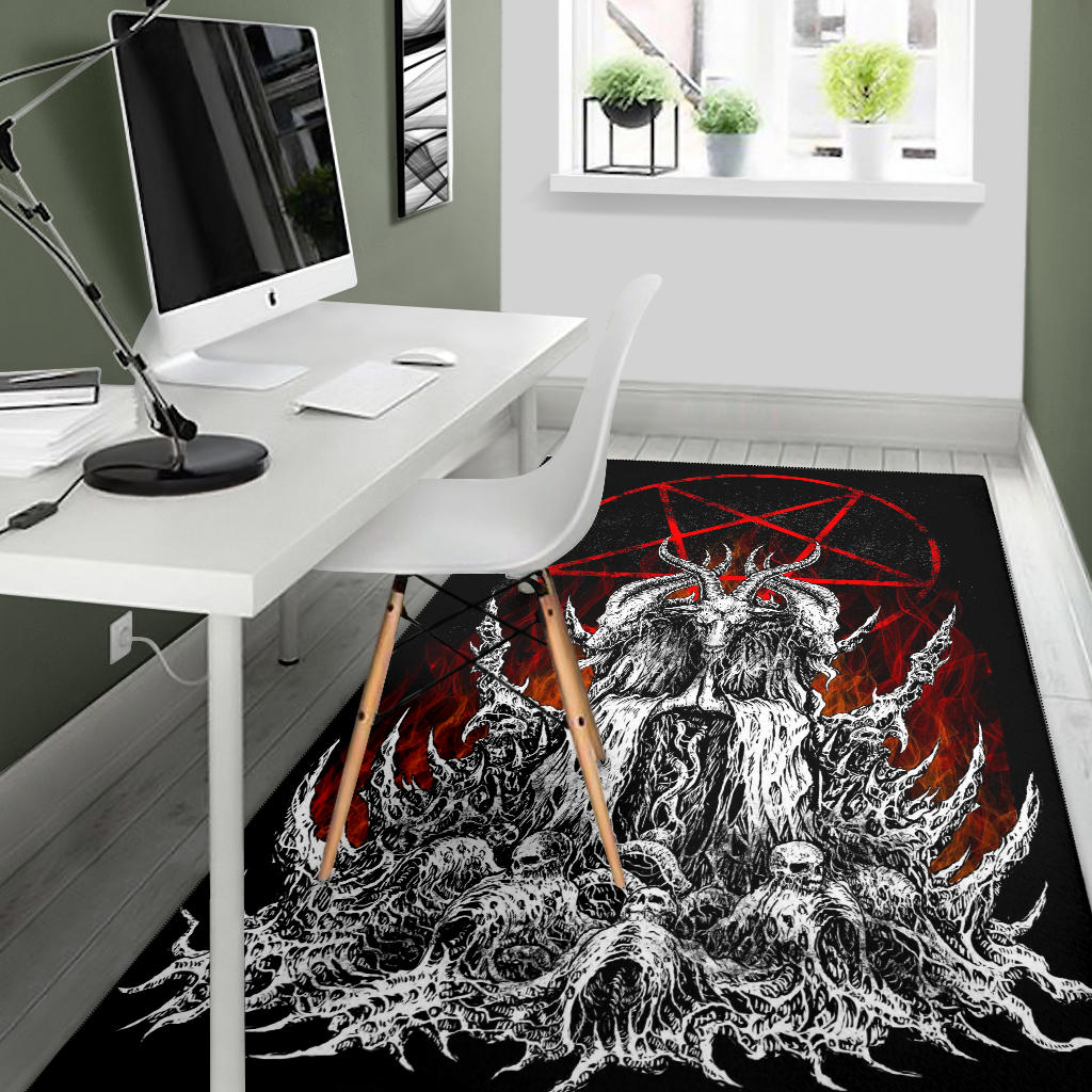 Skull Skeleton Satanic Goat Satanic Pentagram Flame Area Rug Large Flame Print Version