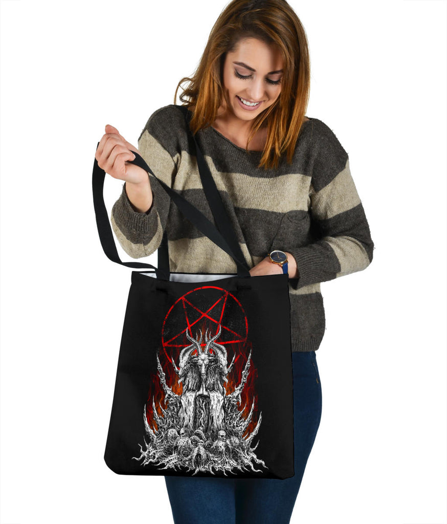 Skull Satanic Goat Satanic Pentagram Flame Large Tote Bag