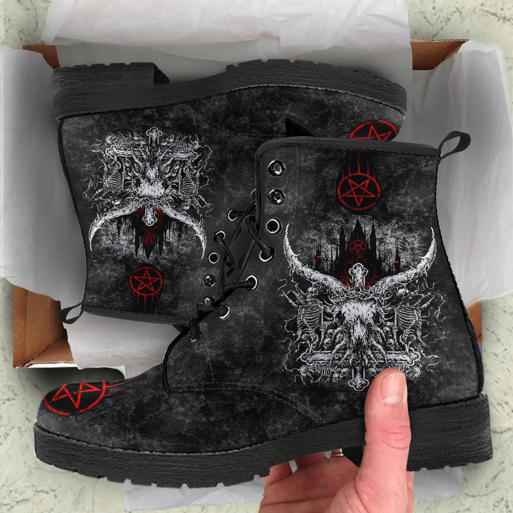 Skull Satanic Cross Crowned Satanic Goat Satanic Pentagram Leather Boots New Multiple Skull Red Version