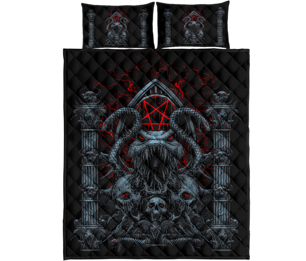 Skull Satanic Pentagram Serpent Gate Shrine Quilt 3 Piece Set