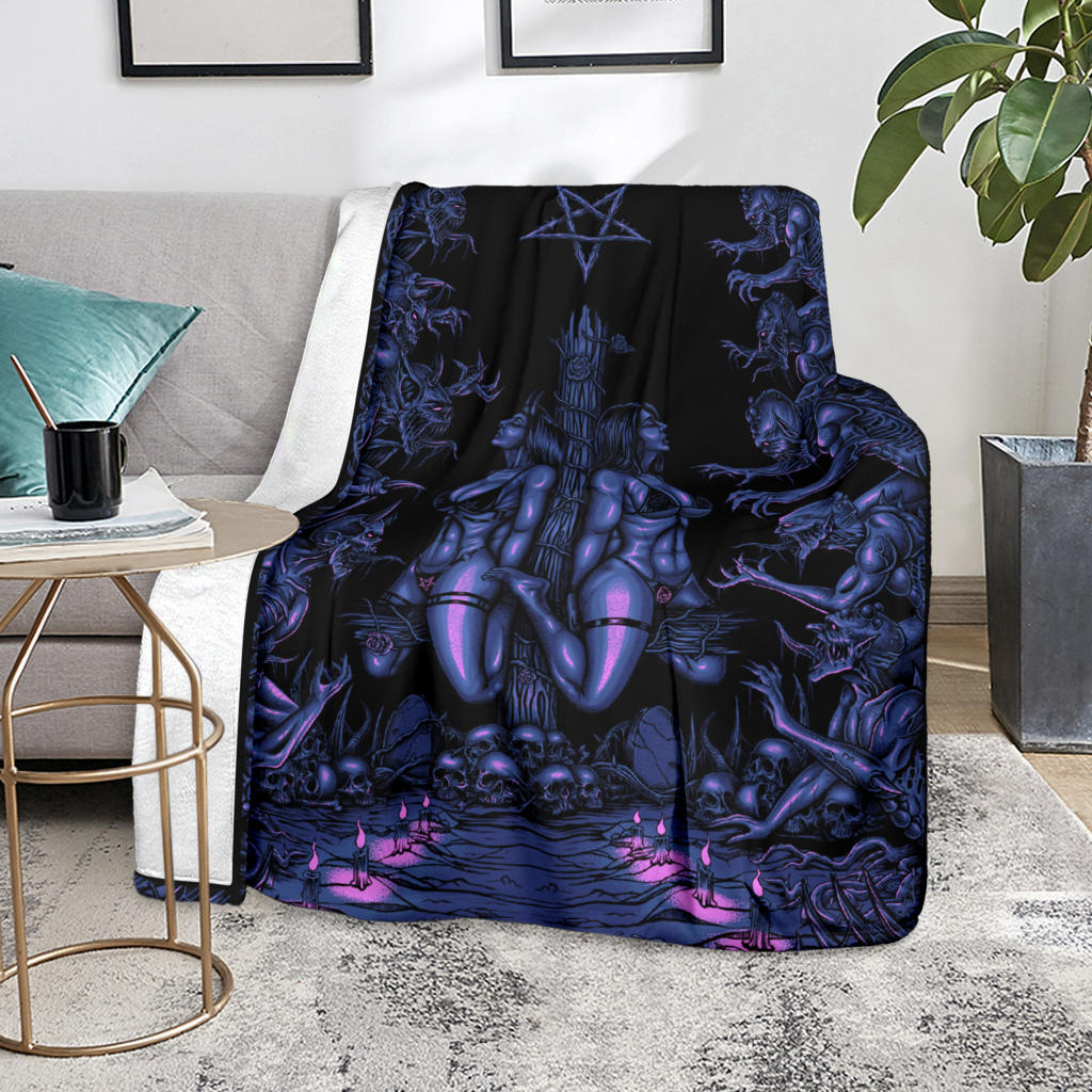 Skull Satanic Wood Inverted Cross Inverted Pentagram Demon blitzkrieg Blanket Night Blue Pink Edited Version