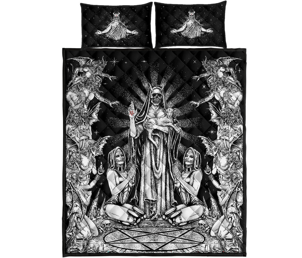 Satanic Pentagram Palm Nun Inverted Cross Forehead Pillows Demon Bombardment 3 piece Quilt Set Black And White