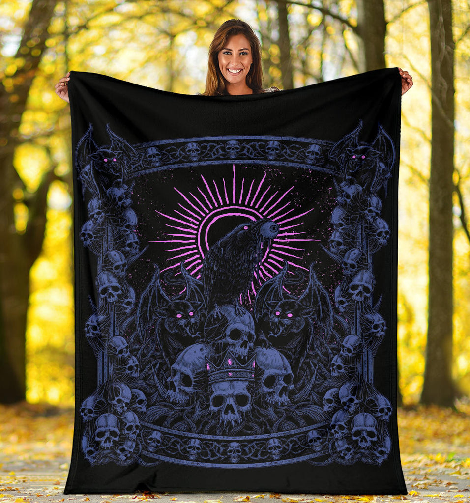 Skull Crown Demon Cat Crow Throne Blanket Night Blue Pink