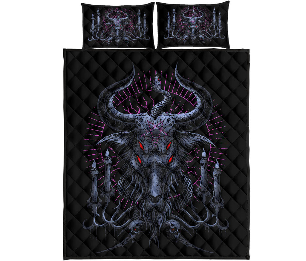 Skull Satanic Pentagram Serpent Candle 4 Eyed Baphomet 3 Piece Quilt Set Night blue Pink