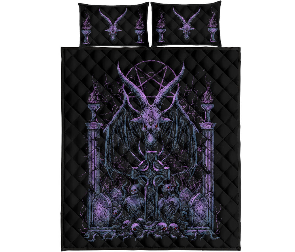 Skull Satanic Pentagram Baphomet Demon Bat Wing Goat Grave Shrine Quilt 3 Piece Set Awesome Night Blue Purple Pink Tint