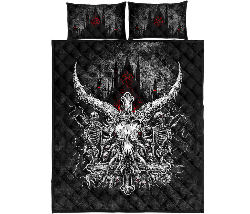 New! Skull Satanic Crowned Goat Satanic Cross Satanic Pentagram Night Church Quilt 3 Piece Set New Skull Version Red