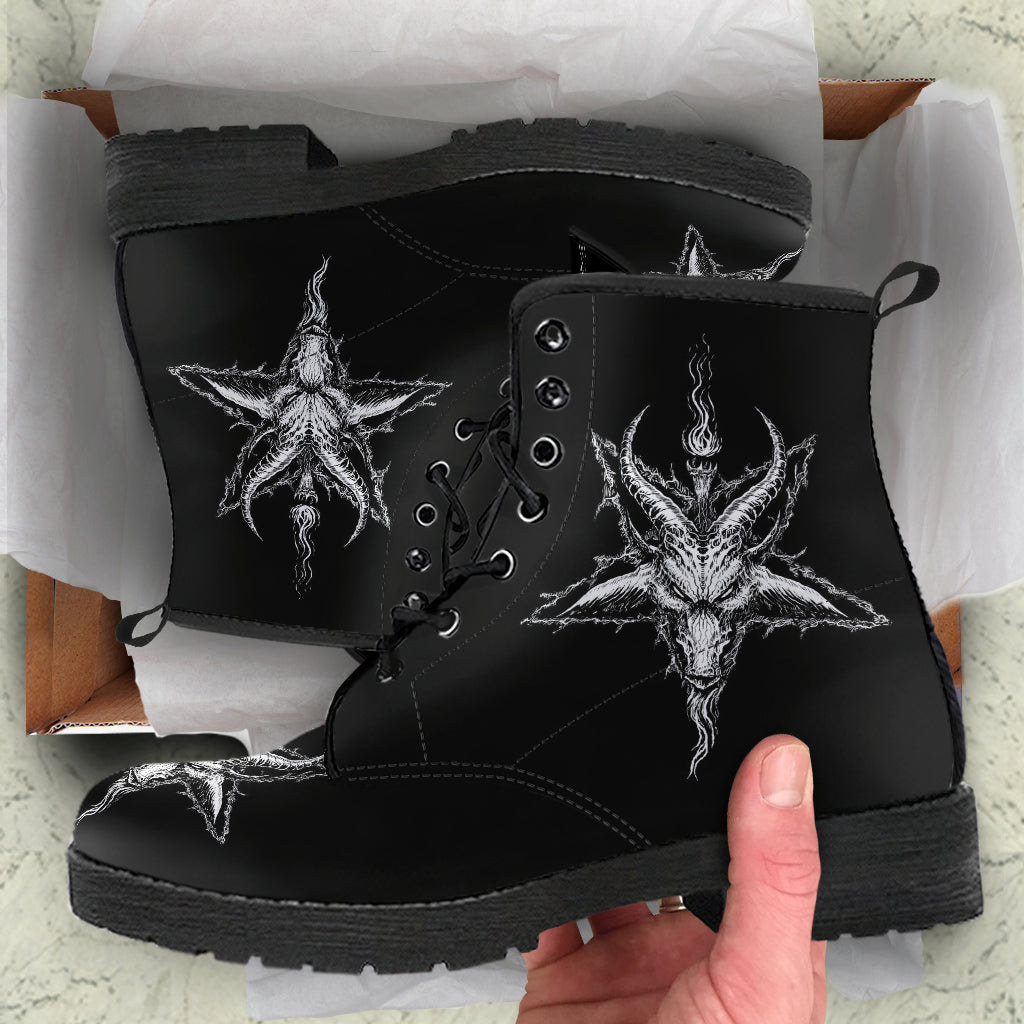 Satanic Pentagram Demon Goat Handcrafted Leather Boots Black And White
