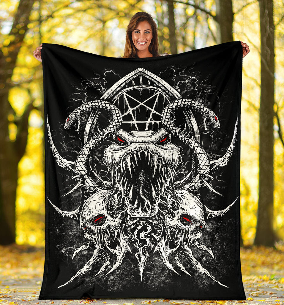 Skull Satanic Pentagram Demon Serpent Blanket Black And White Red Eye