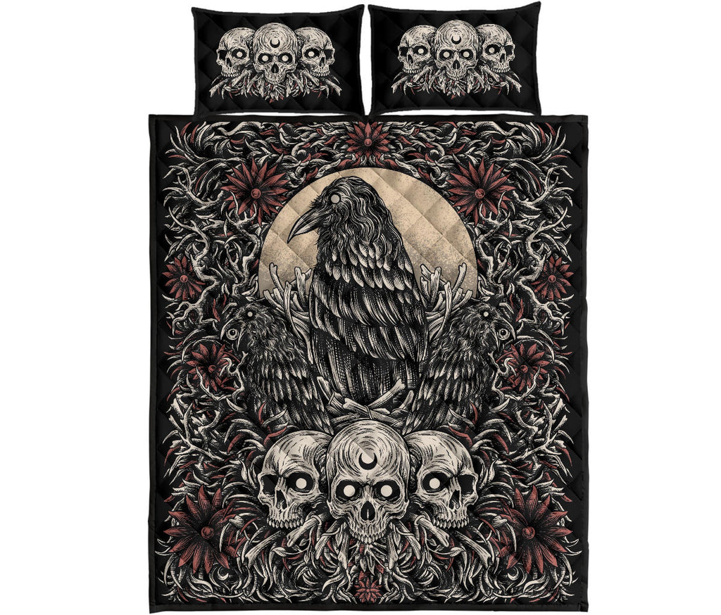 Skull Gothic Occult Crow Eye Quilt New Dark Color White Skull 3 Piece Set