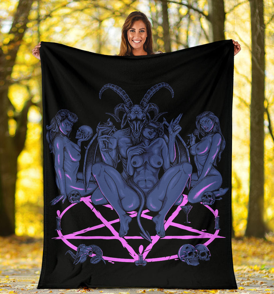 New! Skull Satanic Baphomet Goat Satanic Pentagram Lust God Naughty And Lovin It Cocktail Flesh Party Blanket Sexy Wild Blue Pink