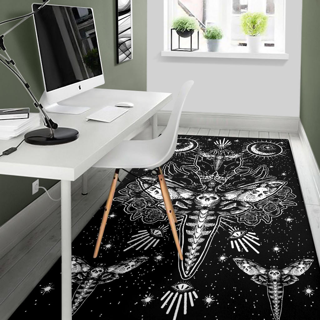 Skull Moth Secret Society Occult Style Area Rug Black And White Version