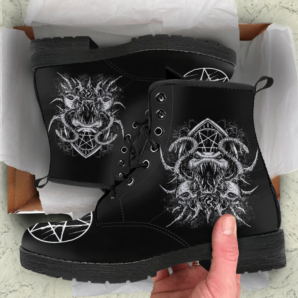 Skull Satanic Pentagram Serpent Leather Boots Black And White