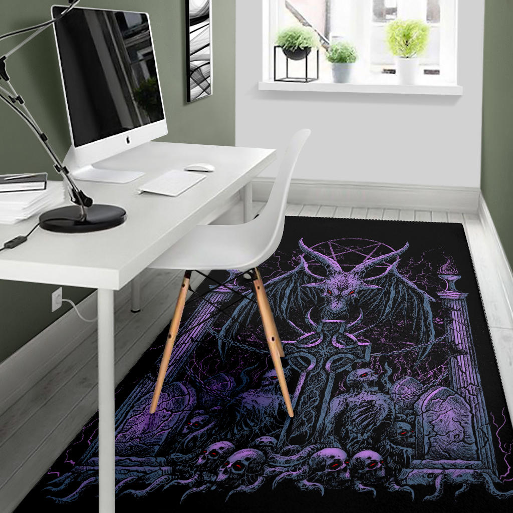 Skull Satanic Pentagram Baphomet Demon Bat Wing Goat Grave Shrine Area Rug Awesome Night Blue Purple Pink Tint