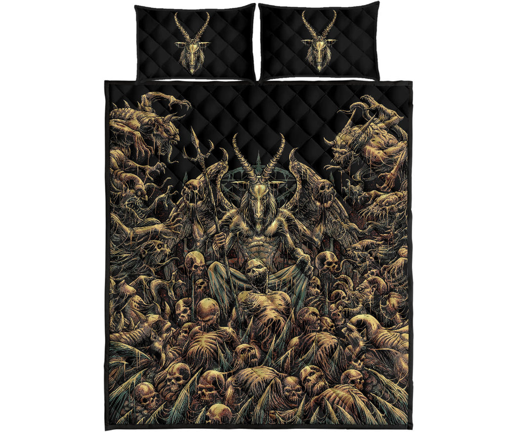 Skull Winged Satanic Goat Demon Zombie Galore Throne Quilt 3 Piece Set Color