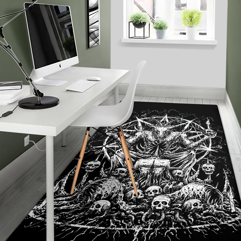 Skull Satanic Goat Impaled Eternal Torment Skull Candle Trophy Area Rug All Black And White Version