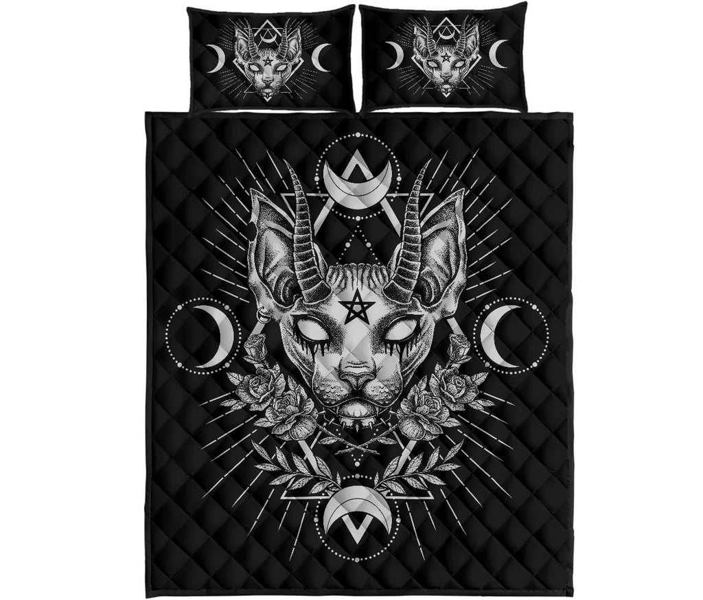 Gothic Occult Black Cat Unique Sphinx Style 3 Piece Quilt Set Awesome Demonic White Eye