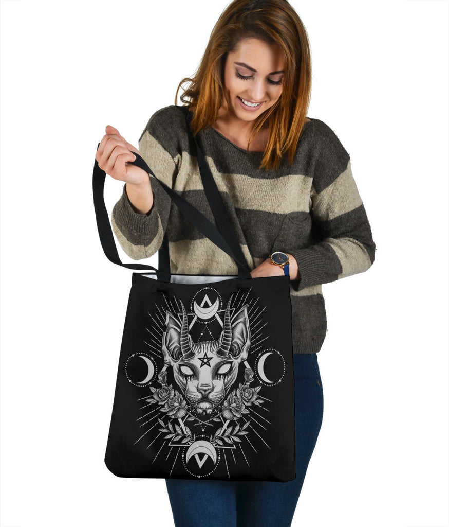 Gothic Occult Black Cat Unique Sphinx Style Large Tote Bag Awesome Demonic White Eye Version