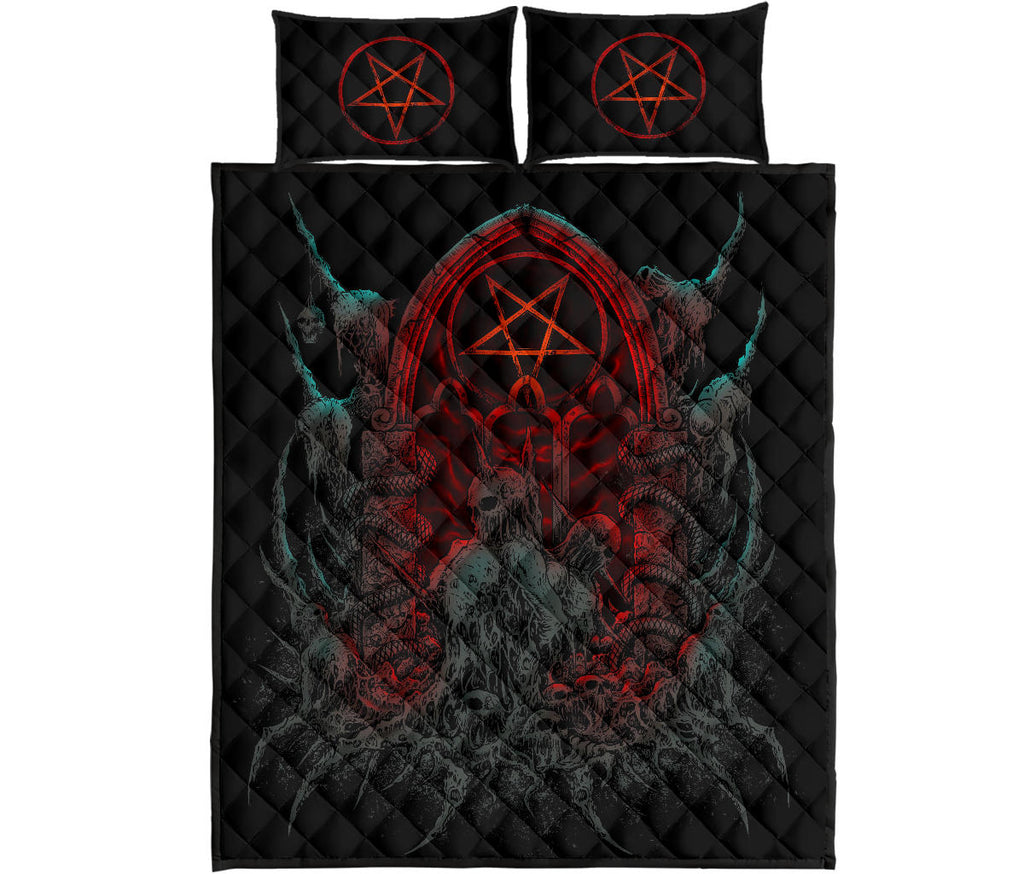 Skull Skeleton Satanic Shrine Quilt 3 Piece Bed Set Flame Color