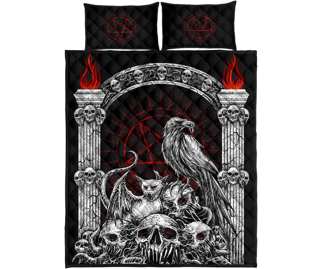 Skull Goth Occult Pentagram Batwing Demon Cat Quilt 3 Piece Set Black And White With Red