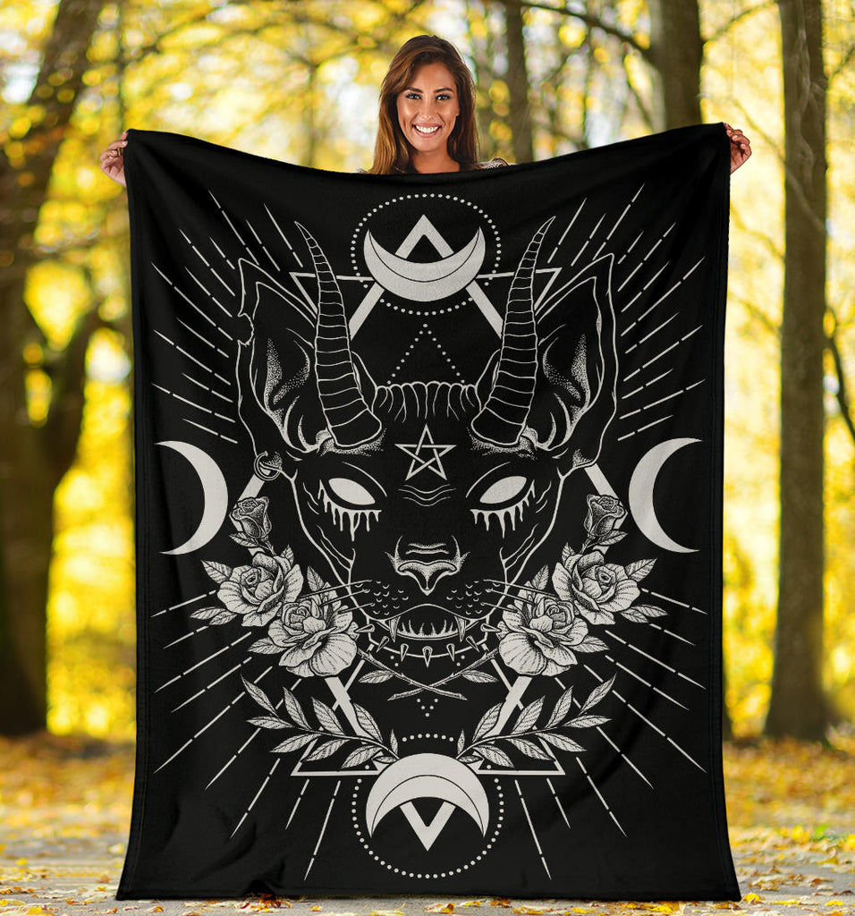 Gothic Occult Black Cat Unique Sphinx Style Awesome Demonic White Eye Blanket Black Cat Version-Black Cat Goth Decor-Goth Blanket-