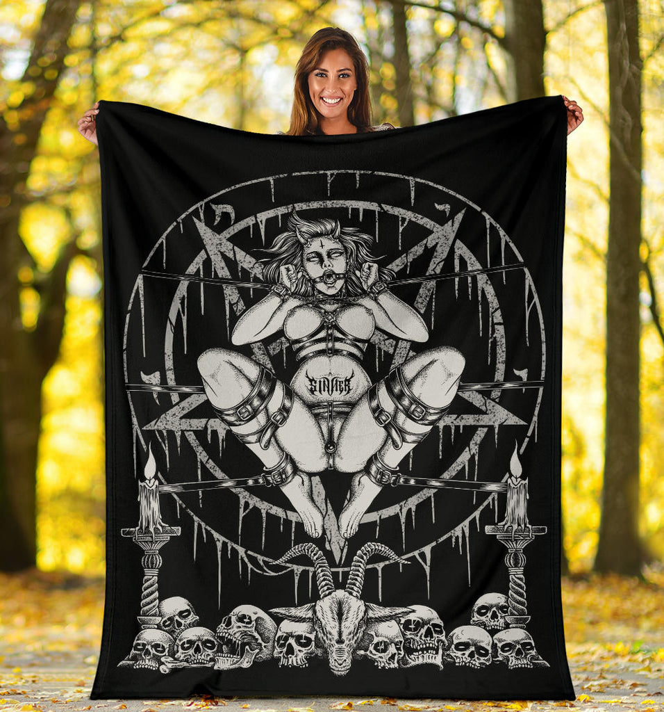 Skull Demon Satanic Baphomet Goat Satanic Pentagram Chained To Sin And Lovin It Blanket Black And White