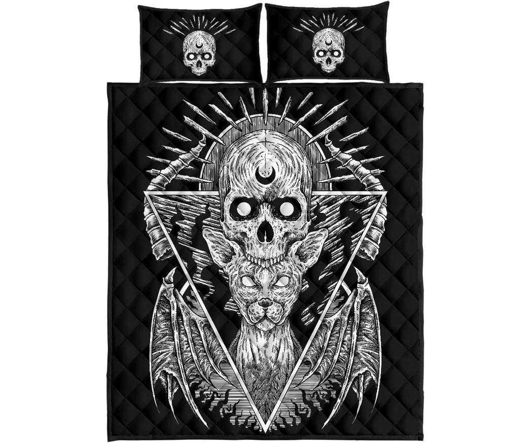 Gothic Quilt Skull Bat Wing Cat 3 Piece Bed Set Black And White Version