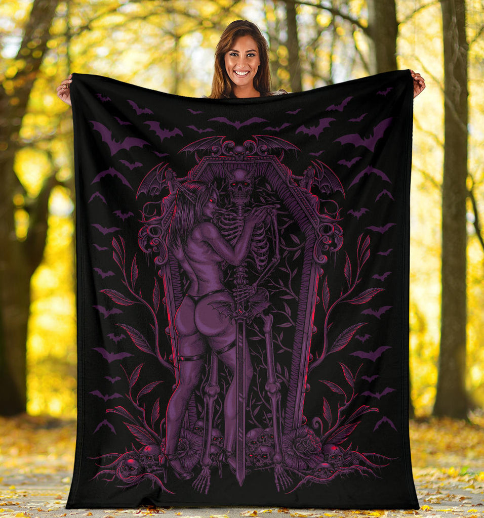 Bat Skull Bat Wing Erotic Demonic Skeleton Coffin Shrine Blanket Awesome Glowing Purple