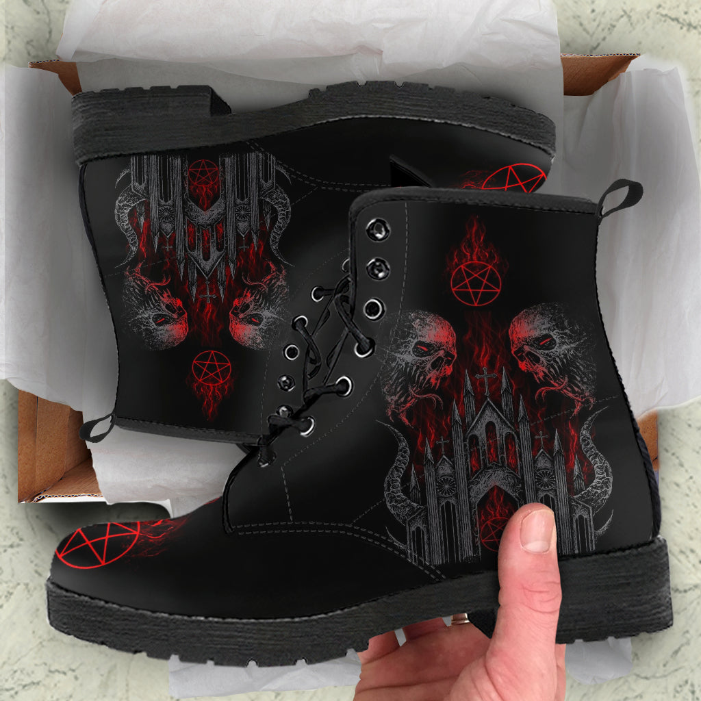 Skull Demon Satanic Pentagram Church Flame Handcrafted Leather Boots Dark Version